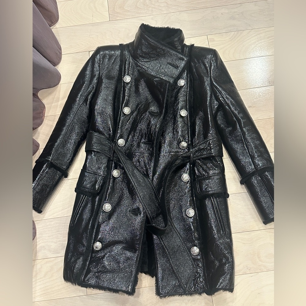 New Runway Balmain Leather Real Fur Black Double-Breasted Coat Sz 40